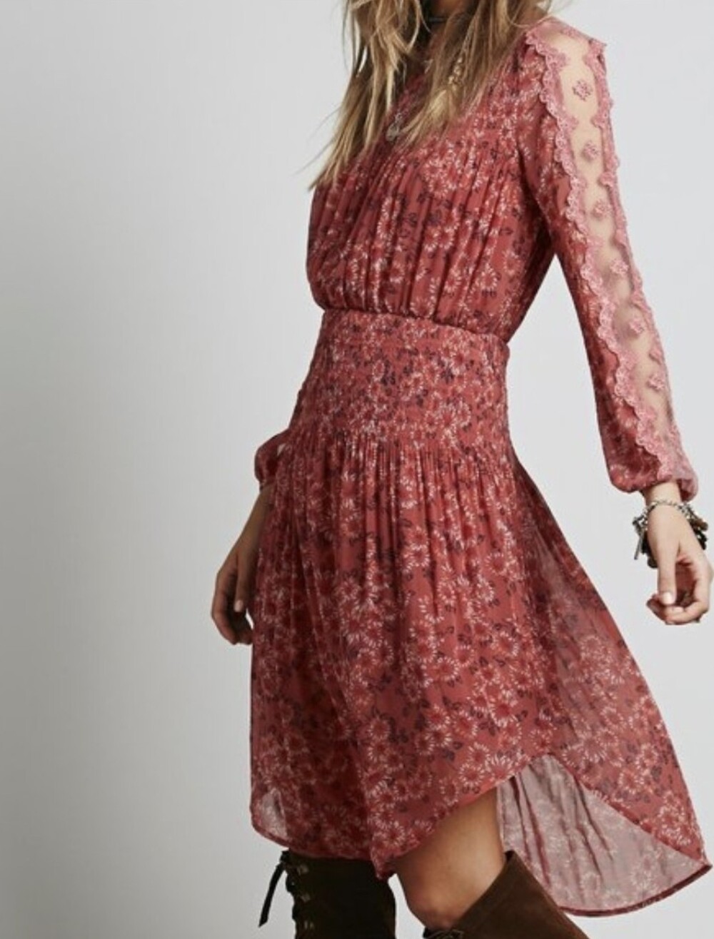 Free People floral mini dress with long sleeves and a boho vibe - Size Small